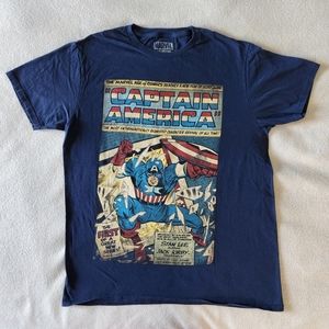 Captain America Marvel Comic Book Cover Graphic Blue T Shirt size L Great Cond